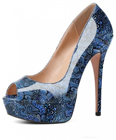 Women's Peep Toe Pumps Platform High Heel Sandals Dress Shoes Flower Blue $40.49 Sandals