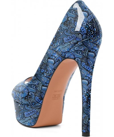 Women's Peep Toe Pumps Platform High Heel Sandals Dress Shoes Flower Blue $40.49 Sandals