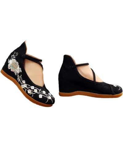 Wedge Sandals Summer Thick Heel Espadrilles Ankle Strap Women Cotton Shoes Ethnic Retro Button Wedges Embroidered Pumps Black...