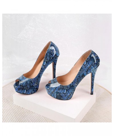 Women's Peep Toe Pumps Platform High Heel Sandals Dress Shoes Flower Blue $40.49 Sandals