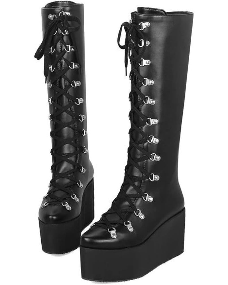 Knee High Boots for Women, Lace-up Riding Boots Faux Leather Winter Calf Boots Wedge Punk Motorcycle Boots Long $33.27 Boots