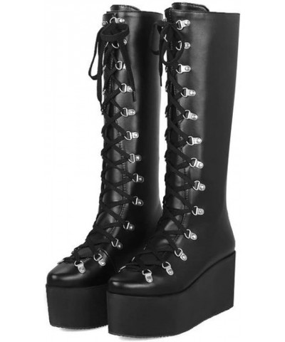 Knee High Boots for Women, Lace-up Riding Boots Faux Leather Winter Calf Boots Wedge Punk Motorcycle Boots Long $33.27 Boots