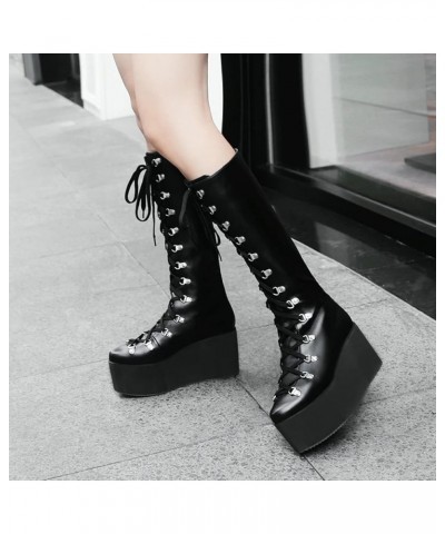 Knee High Boots for Women, Lace-up Riding Boots Faux Leather Winter Calf Boots Wedge Punk Motorcycle Boots Long $33.27 Boots