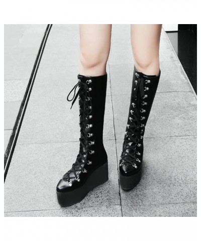 Knee High Boots for Women, Lace-up Riding Boots Faux Leather Winter Calf Boots Wedge Punk Motorcycle Boots Long $33.27 Boots