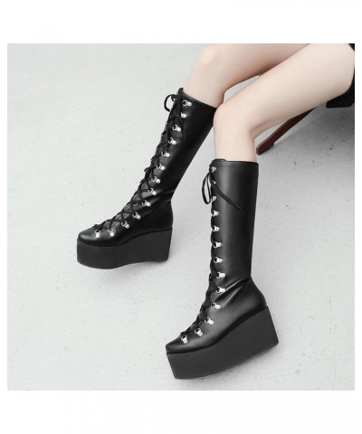 Knee High Boots for Women, Lace-up Riding Boots Faux Leather Winter Calf Boots Wedge Punk Motorcycle Boots Long $33.27 Boots