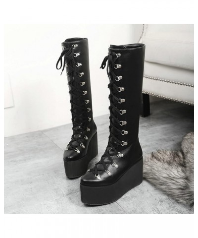 Knee High Boots for Women, Lace-up Riding Boots Faux Leather Winter Calf Boots Wedge Punk Motorcycle Boots Long $33.27 Boots