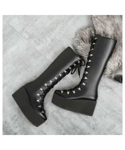 Knee High Boots for Women, Lace-up Riding Boots Faux Leather Winter Calf Boots Wedge Punk Motorcycle Boots Long $33.27 Boots