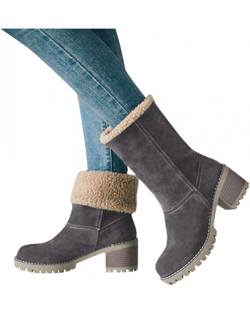 Winter Boots for Women Warm Suede Chunky Mid-Calf Block Heel Round Toe Faux Fur Snow Boots Outdoor Ankle Booties Grey $21.79 ...