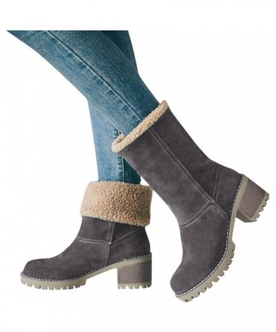 Winter Boots for Women Warm Suede Chunky Mid-Calf Block Heel Round Toe Faux Fur Snow Boots Outdoor Ankle Booties Grey $21.79 ...