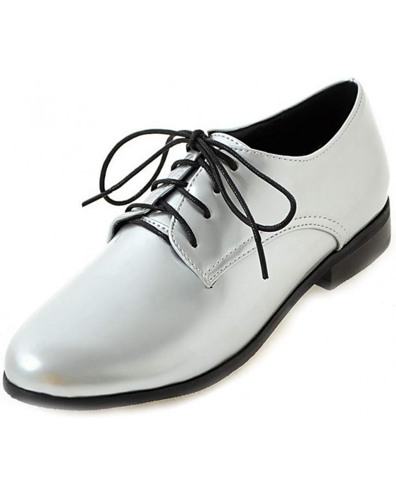 Women's Classic Flat Saddle Oxford Shoes Round Toe Lace Up Low Heels Western School Oxfords Loafers Silver $22.55 Oxfords