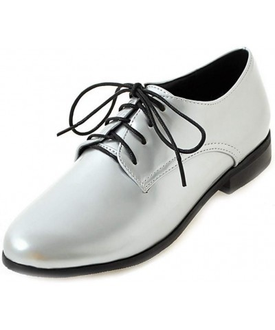 Women's Classic Flat Saddle Oxford Shoes Round Toe Lace Up Low Heels Western School Oxfords Loafers Silver $22.55 Oxfords