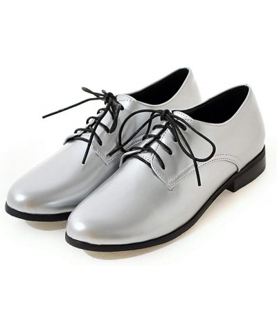 Women's Classic Flat Saddle Oxford Shoes Round Toe Lace Up Low Heels Western School Oxfords Loafers Silver $22.55 Oxfords