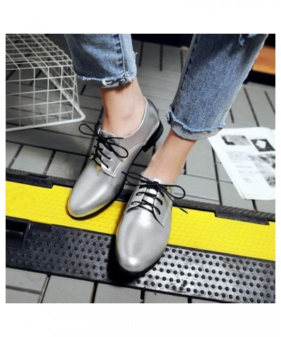 Women's Classic Flat Saddle Oxford Shoes Round Toe Lace Up Low Heels Western School Oxfords Loafers Silver $22.55 Oxfords