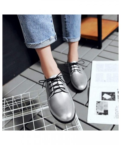 Women's Classic Flat Saddle Oxford Shoes Round Toe Lace Up Low Heels Western School Oxfords Loafers Silver $22.55 Oxfords