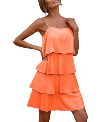 Women Summer Casual Dress Sleeveless Tiered Ruffle Layered Mini Dresses Spaghetti Straps A Line Swing Beach Sundress Orange $...