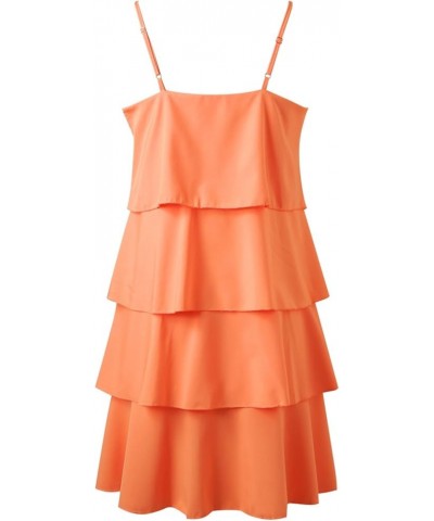 Women Summer Casual Dress Sleeveless Tiered Ruffle Layered Mini Dresses Spaghetti Straps A Line Swing Beach Sundress Orange $...