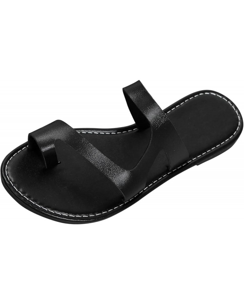 Ladies Fashion Summer Solid Color Leather Cover Toe Flat Beach Slippers Outdoor Lifestyle Sandals Women (Black, 6.5) 8.5 Blac...