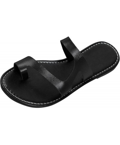 Ladies Fashion Summer Solid Color Leather Cover Toe Flat Beach Slippers Outdoor Lifestyle Sandals Women (Black, 6.5) 8.5 Blac...