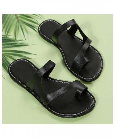 Ladies Fashion Summer Solid Color Leather Cover Toe Flat Beach Slippers Outdoor Lifestyle Sandals Women (Black, 6.5) 8.5 Blac...