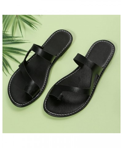 Ladies Fashion Summer Solid Color Leather Cover Toe Flat Beach Slippers Outdoor Lifestyle Sandals Women (Black, 6.5) 8.5 Blac...