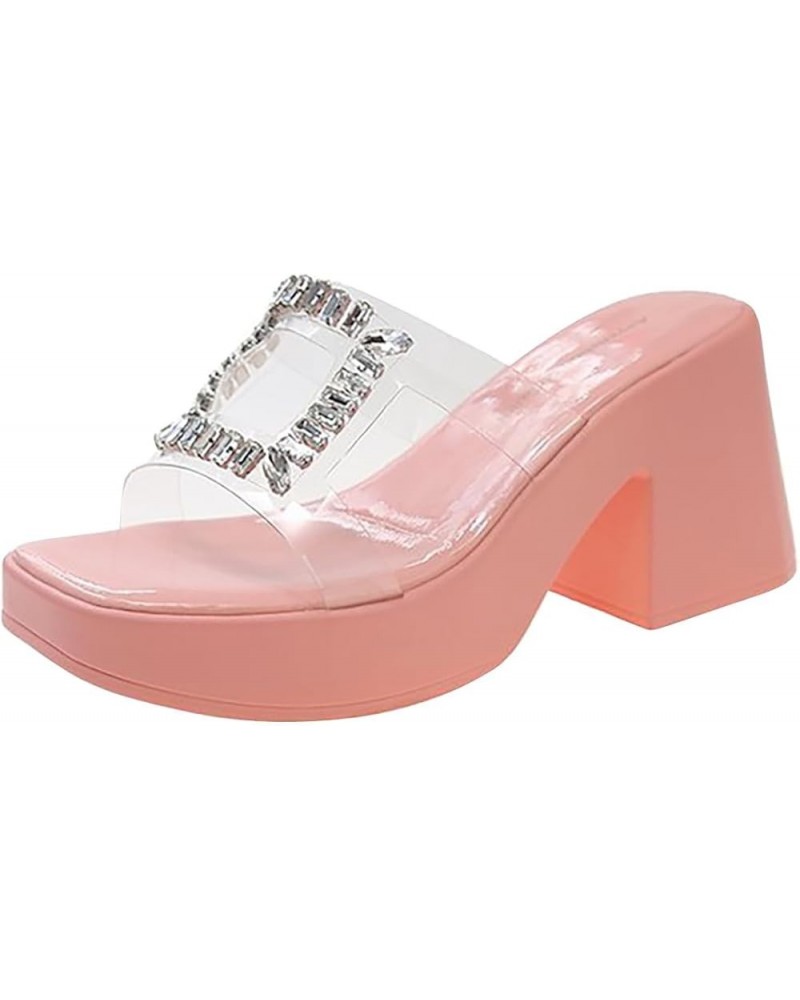 Supportive Sandals for Women Women's Spring/Summer Water Diamond Transparent Straight Line Square Head Platform Slippers Red ...