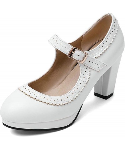 Womens Retro and Anti-Slip Platform Mary Janes Chunky High Heel Dress Shoes with Flexible and PU Leather White $19.72 Pumps