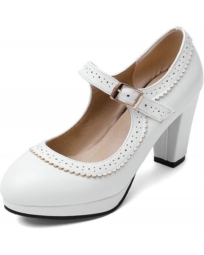 Womens Retro and Anti-Slip Platform Mary Janes Chunky High Heel Dress Shoes with Flexible and PU Leather White $19.72 Pumps