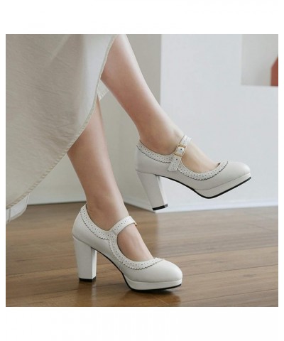 Womens Retro and Anti-Slip Platform Mary Janes Chunky High Heel Dress Shoes with Flexible and PU Leather White $19.72 Pumps