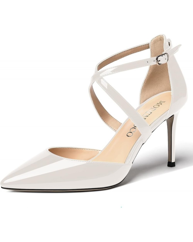 Women's Cut Out Criss Cross Strap Patent Pointed Toe Stiletto High Heel Pumps Shoes 3.5 Inch White $19.80 Pumps