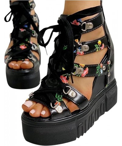 Women Cutout Floral Sandals Casual Summer Open Toe Floral Sandals Wedge Sandals Lace up Back Zipper Platform Sandals 5.5 Blac...