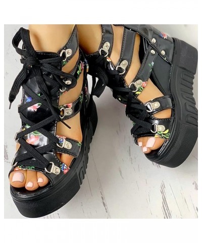 Women Cutout Floral Sandals Casual Summer Open Toe Floral Sandals Wedge Sandals Lace up Back Zipper Platform Sandals 5.5 Blac...