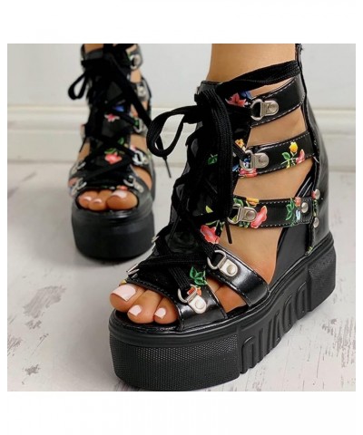 Women Cutout Floral Sandals Casual Summer Open Toe Floral Sandals Wedge Sandals Lace up Back Zipper Platform Sandals 5.5 Blac...