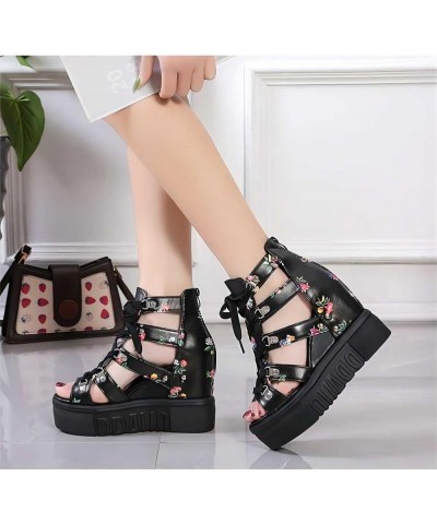 Women Cutout Floral Sandals Casual Summer Open Toe Floral Sandals Wedge Sandals Lace up Back Zipper Platform Sandals 5.5 Blac...