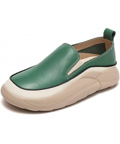 Women's Leather Platform Slip On Loafers Fashion Handmade Round Toe Non-Slip Breathable Casual Walking Shoes Green $15.52 Loa...