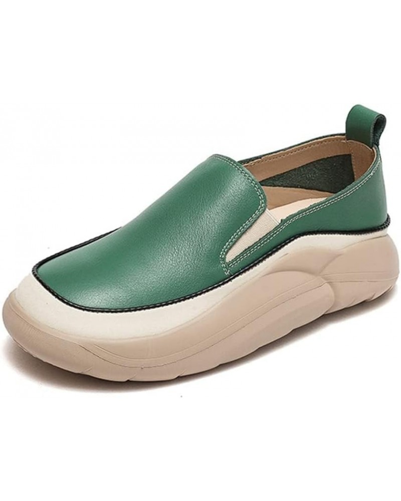 Women's Leather Platform Slip On Loafers Fashion Handmade Round Toe Non-Slip Breathable Casual Walking Shoes Green $15.52 Loa...