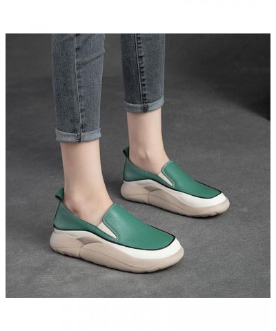 Women's Leather Platform Slip On Loafers Fashion Handmade Round Toe Non-Slip Breathable Casual Walking Shoes Green $15.52 Loa...