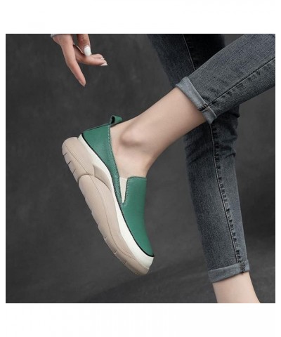 Women's Leather Platform Slip On Loafers Fashion Handmade Round Toe Non-Slip Breathable Casual Walking Shoes Green $15.52 Loa...