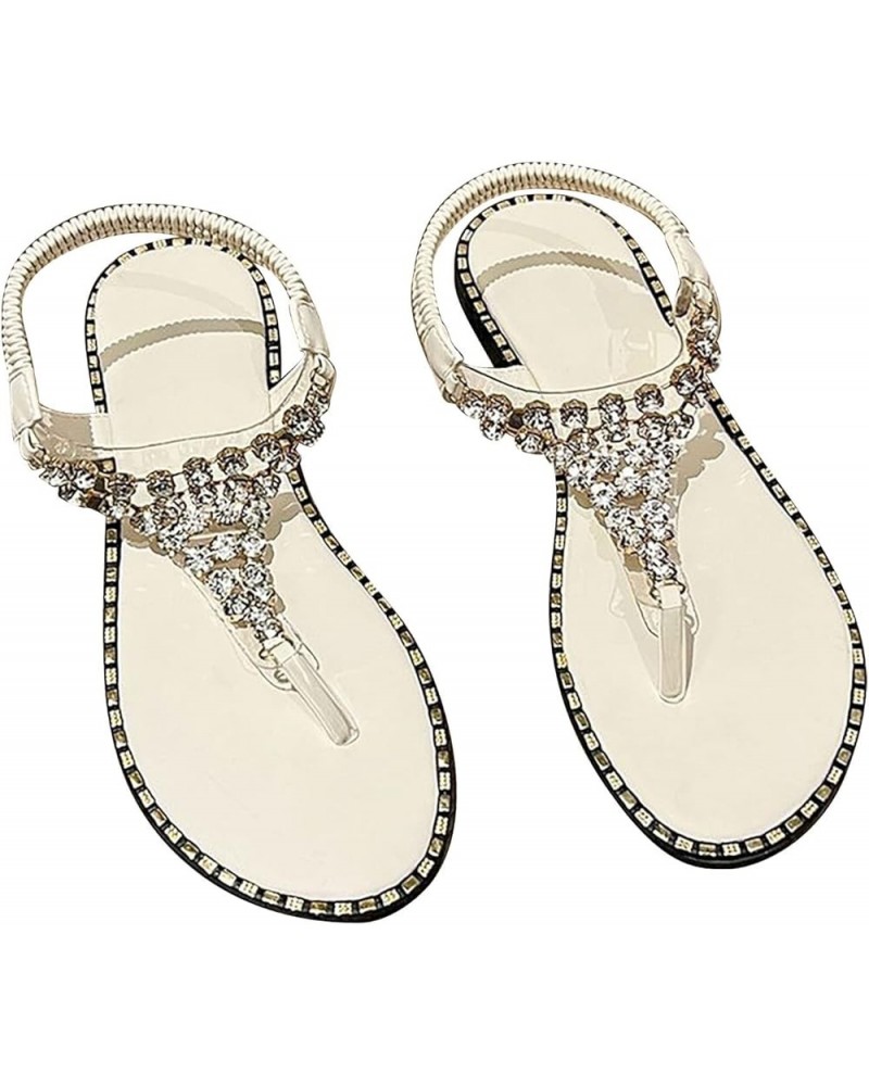 Women Glitter Rhinestone Strap Clip Toe Flat Sandals Summer Outwear French Fairy Wind Wrapped Flat Bottom Slippers (Gold-B, 7...