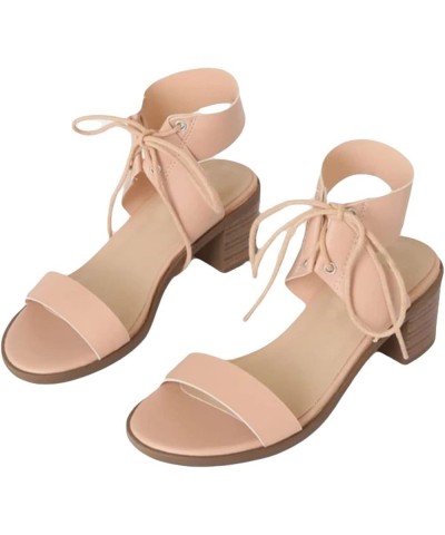 Casual Women Round Toe Sandals Comfort Chunky Block Mid Heel Sandals Lace up Open Back Strappy Dress Shoes Apricot $31.26 San...