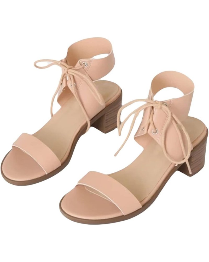 Casual Women Round Toe Sandals Comfort Chunky Block Mid Heel Sandals Lace up Open Back Strappy Dress Shoes Apricot $31.26 San...