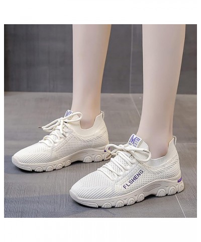 Women's Fashion Arch Support Walking Sneakers for Women Casual Shoes Knit Detail Sport Shoes Mesh Lace Up Running Shoes Beige...