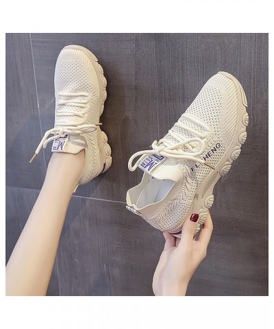 Women's Fashion Arch Support Walking Sneakers for Women Casual Shoes Knit Detail Sport Shoes Mesh Lace Up Running Shoes Beige...