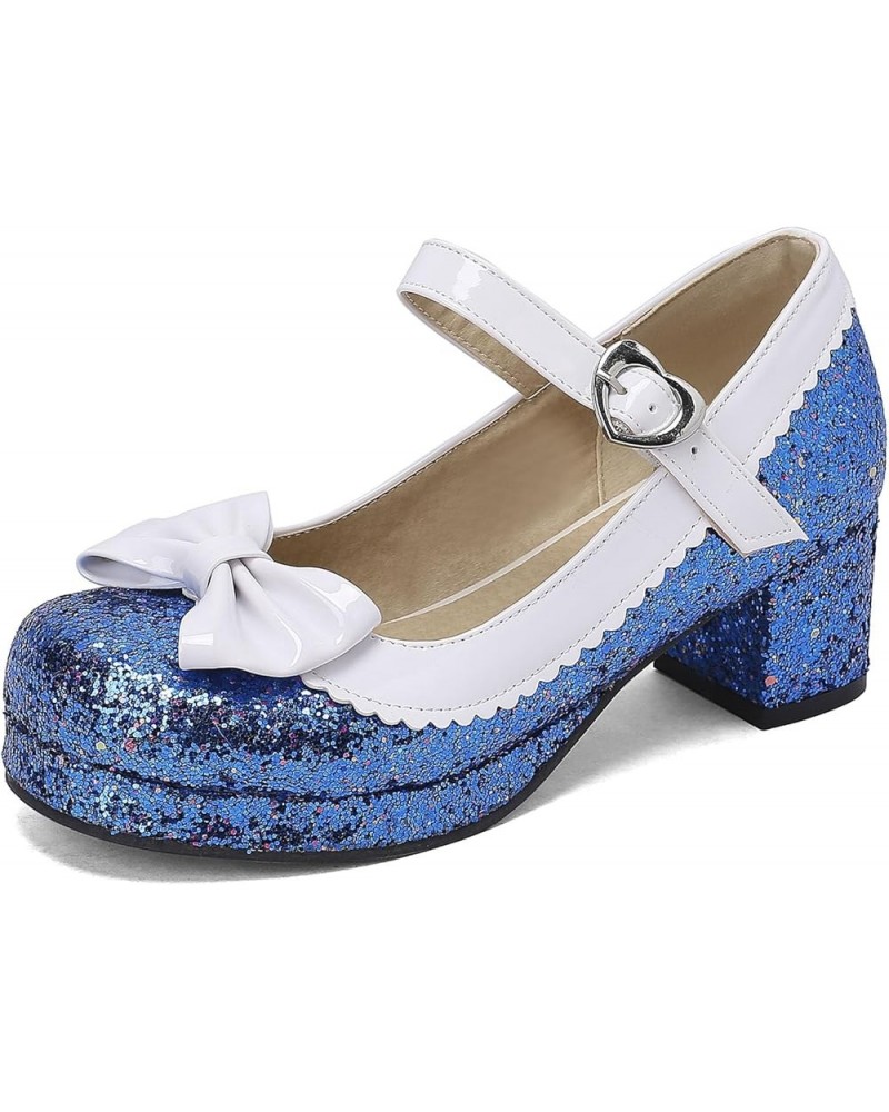 Sequin Glitter Mary Jane Pumps Chunky Block Heels Lolita Sparkly Platform Buckled Uniform Dress Shoes Blue $17.99 Pumps