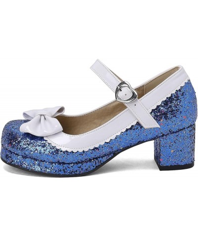 Sequin Glitter Mary Jane Pumps Chunky Block Heels Lolita Sparkly Platform Buckled Uniform Dress Shoes Blue $17.99 Pumps