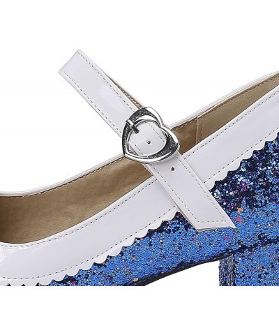 Sequin Glitter Mary Jane Pumps Chunky Block Heels Lolita Sparkly Platform Buckled Uniform Dress Shoes Blue $17.99 Pumps