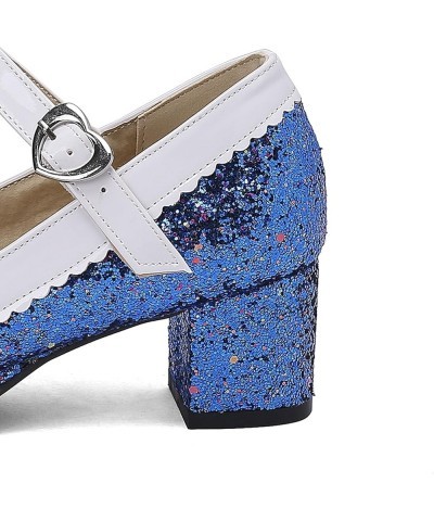 Sequin Glitter Mary Jane Pumps Chunky Block Heels Lolita Sparkly Platform Buckled Uniform Dress Shoes Blue $17.99 Pumps