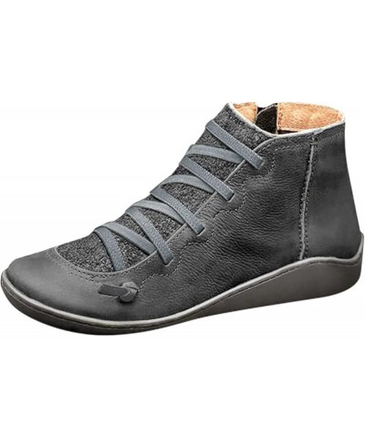 Women's Casual Flat Leather Retro Lace-up Boots Side Zipper Round Toe Shoe Boots Womens Western Boots Low Heel Grey $16.90 Boots