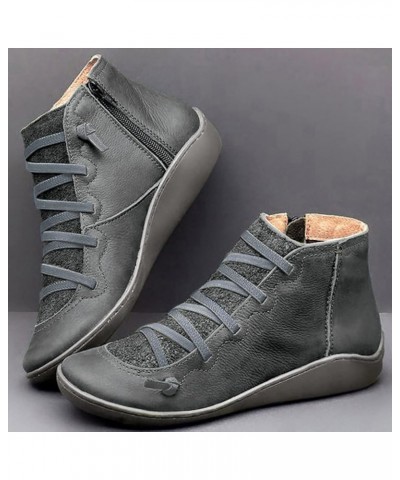 Women's Casual Flat Leather Retro Lace-up Boots Side Zipper Round Toe Shoe Boots Womens Western Boots Low Heel Grey $16.90 Boots