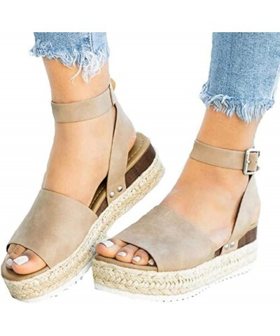 Summer Sandals for Women 2023 Trendy Sandals Women Wide Open Toe Buckle Ankle Strap Espadrilles Wedge Casual Sandal Khaki $17...