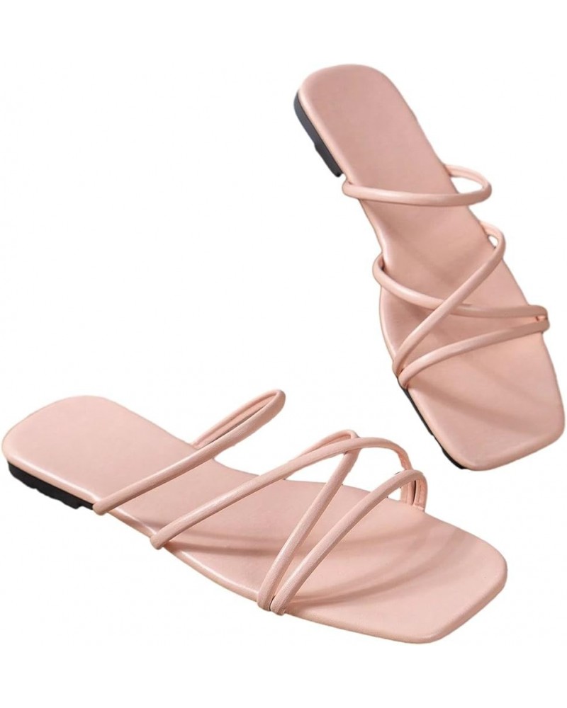 PU Leather Flat Slip on Sandals Cross Strap Open Toe Summer Slide Sandals Pink Strap $10.56 Sandals